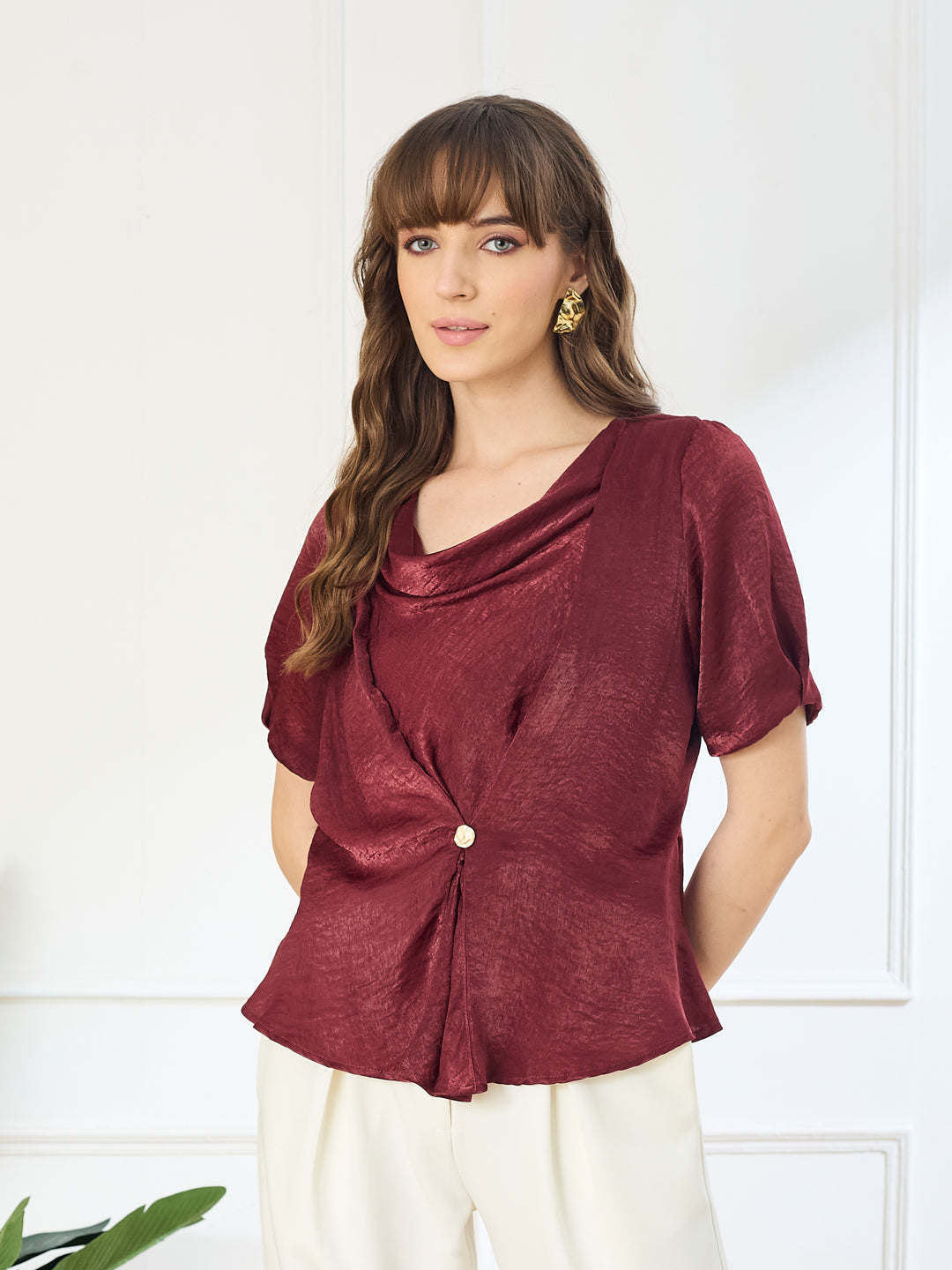 Latin Quarters Women's Maroon Half Sleeves Cowl Neck Casual Solid Top