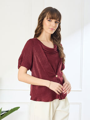 Latin Quarters Women's Maroon Half Sleeves Cowl Neck Casual Solid Top