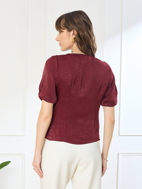 Latin Quarters Women's Maroon Half Sleeves Cowl Neck Casual Solid Top