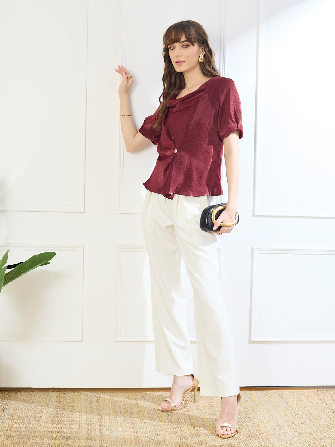 Latin Quarters Women's Maroon Half Sleeves Cowl Neck Casual Solid Top