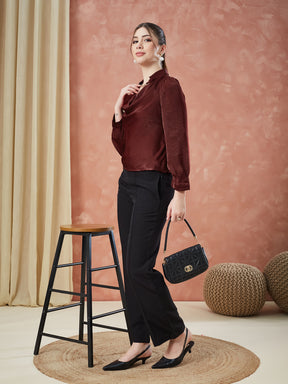 Latin Quarters Women's Maroon Full Sleeves Solid Collar Neck Casual Top