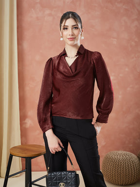 Latin Quarters Women's Maroon Solid Full Sleeves Cowl Neck Casual Top