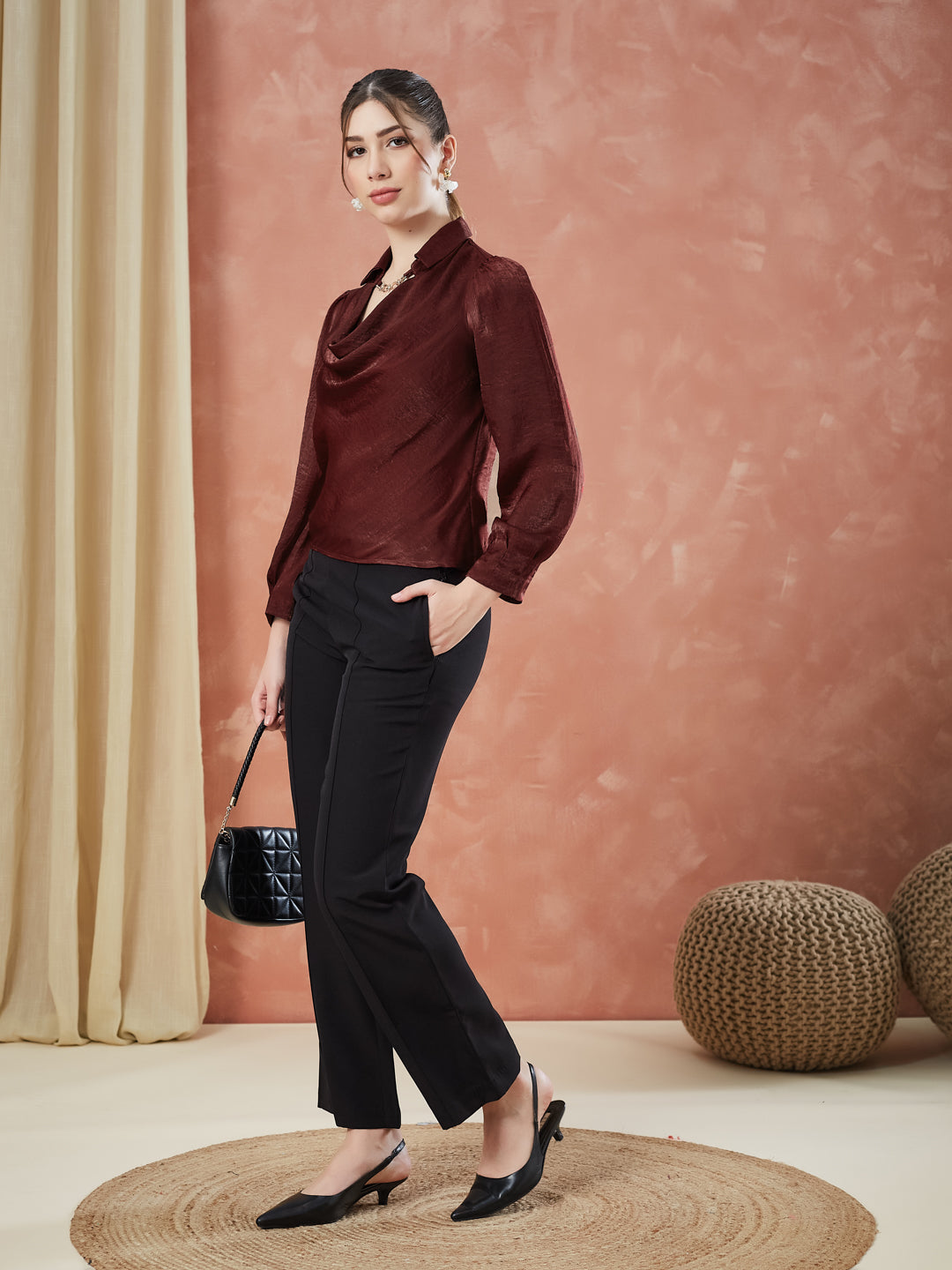 Latin Quarters Women's Maroon Solid Full Sleeves Cowl Neck Casual Top