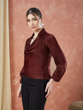 Latin Quarters Women's Maroon Solid Full Sleeves Cowl Neck Casual Top