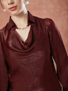 Latin Quarters Women's Maroon Full Sleeves Solid Collar Neck Casual Top