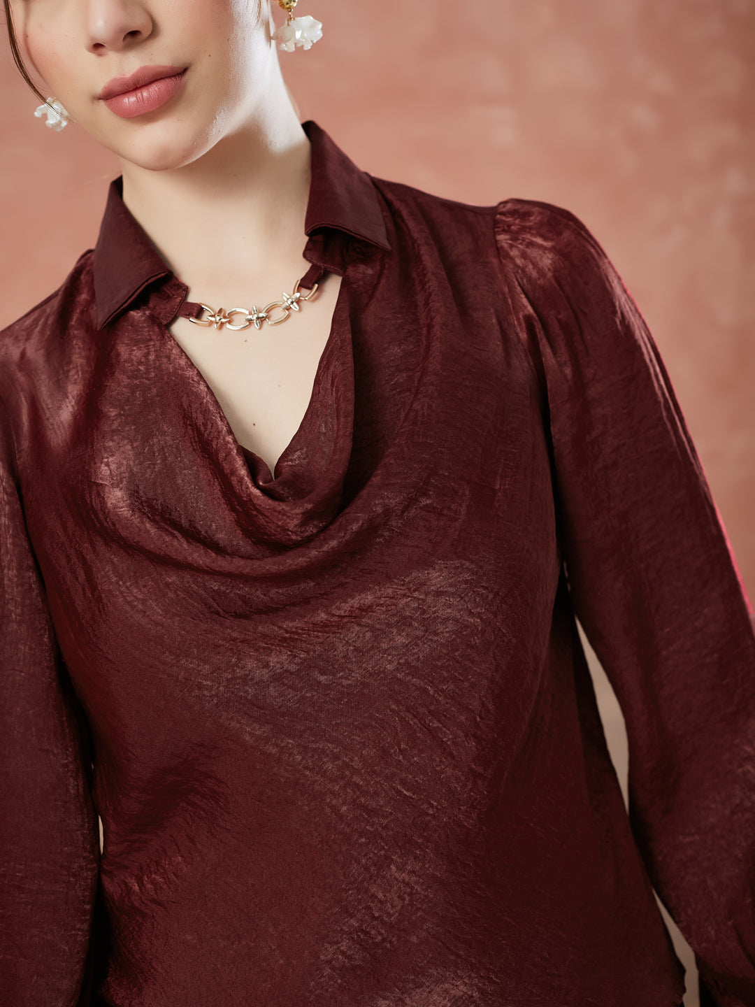 Latin Quarters Women's Maroon Solid Full Sleeves Cowl Neck Casual Top