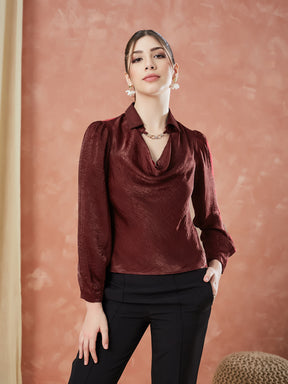Latin Quarters Women's Maroon Solid Full Sleeves Cowl Neck Casual Top