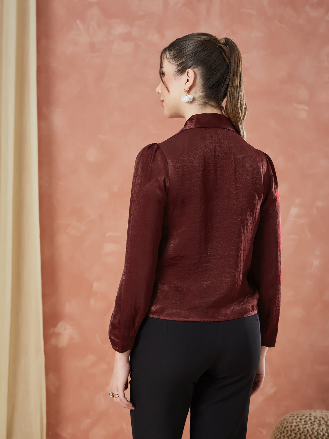 Latin Quarters Women's Maroon Full Sleeves Solid Collar Neck Casual Top