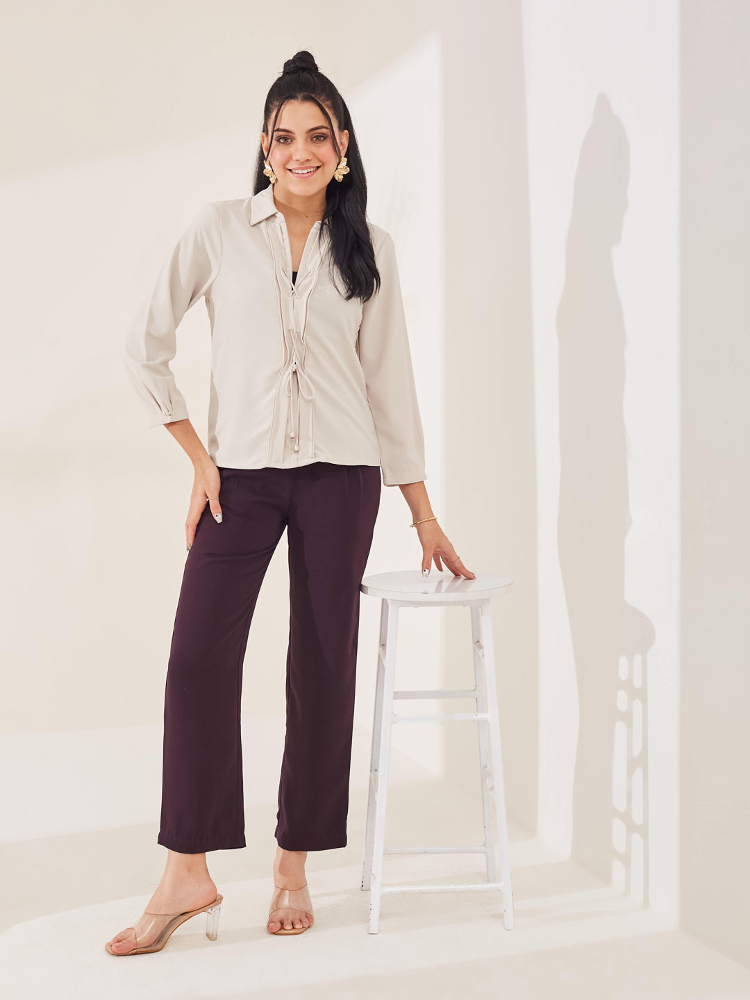 Latin Quarters Women's Beige Solid 3/4th Sleeve Collar Neck Casual Top