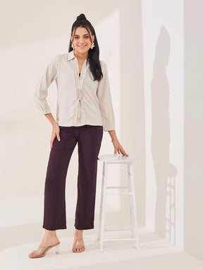 Latin Quarters Women's Beige Solid 3/4th Sleeve Collar Neck Casual Top