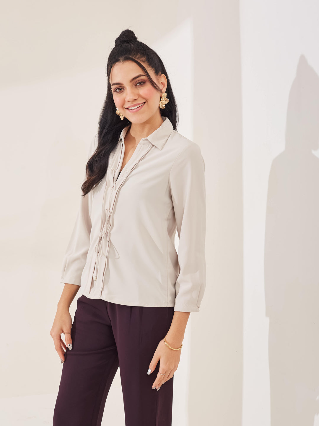 Latin Quarters Women's Beige Solid 3/4th Sleeve Collar Neck Casual Top