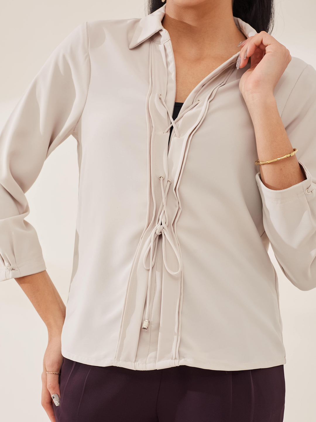 Latin Quarters Women's Beige Solid 3/4th Sleeve Collar Neck Casual Top