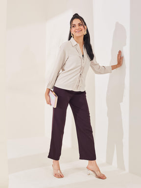 Latin Quarters Women's Beige Solid 3/4th Sleeve Collar Neck Casual Top