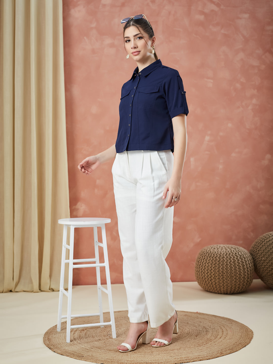 Latin Quarters Women's Blue Half Sleeves Solid Collar Neck Casual Shirt