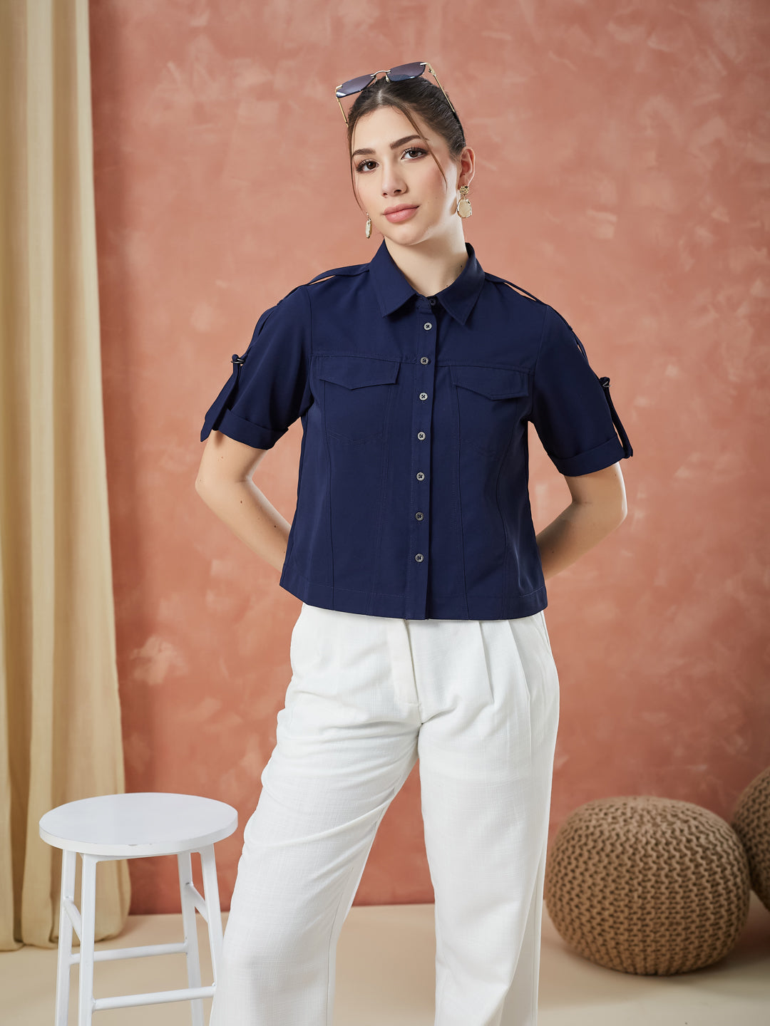 Latin Quarters Women's Blue Half Sleeves Solid Collar Neck Casual Shirt
