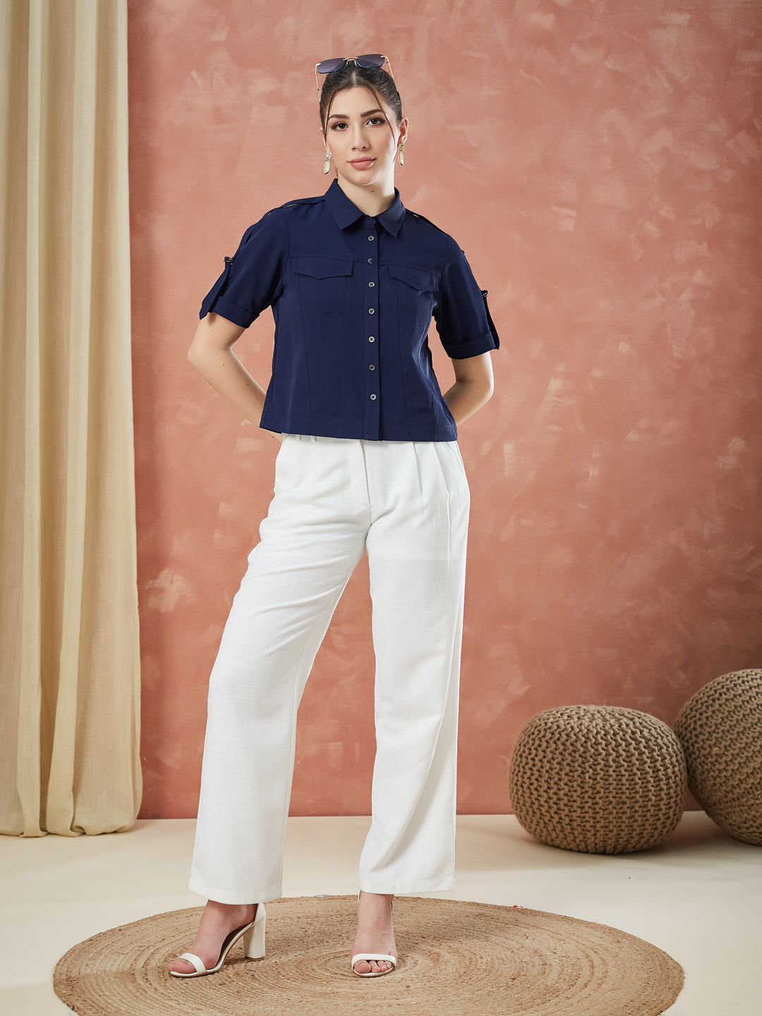 Latin Quarters Women's Blue Half Sleeves Solid Collar Neck Casual Shirt
