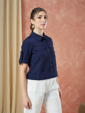 Latin Quarters Women's Blue Half Sleeves Solid Collar Neck Casual Shirt