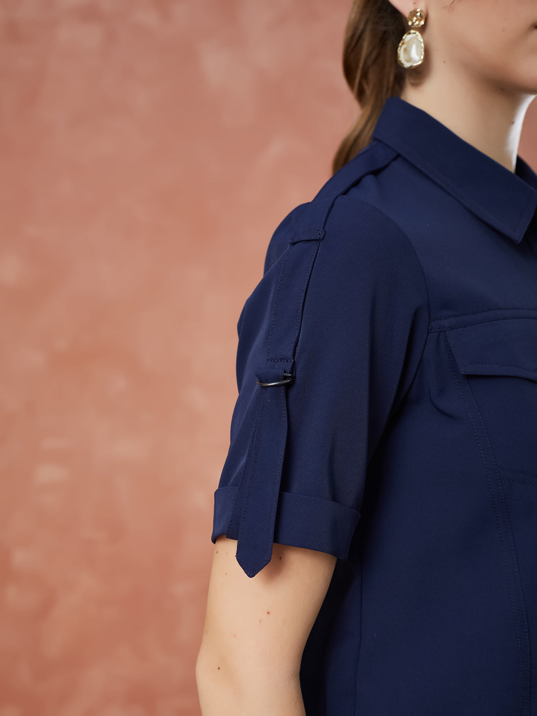 Latin Quarters Women's Blue Half Sleeves Solid Collar Neck Casual Shirt