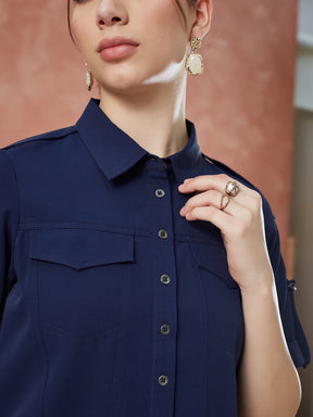 Latin Quarters Women's Blue Half Sleeves Solid Collar Neck Casual Shirt