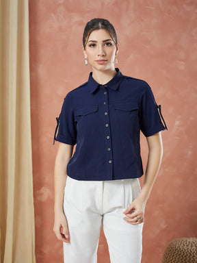 Latin Quarters Women's Blue Half Sleeves Solid Collar Neck Casual Shirt