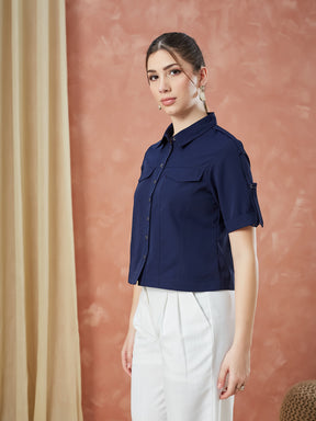 Latin Quarters Women's Blue Half Sleeves Solid Collar Neck Casual Shirt