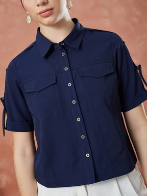 Latin Quarters Women's Blue Half Sleeves Solid Collar Neck Casual Shirt