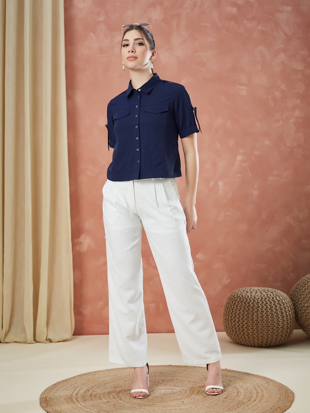 Latin Quarters Women's Blue Half Sleeves Solid Collar Neck Casual Shirt