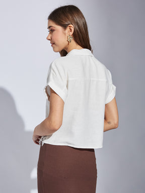 Latin Quarters Women's White Short Sleeve Collar Neck Casual Solid Shirt