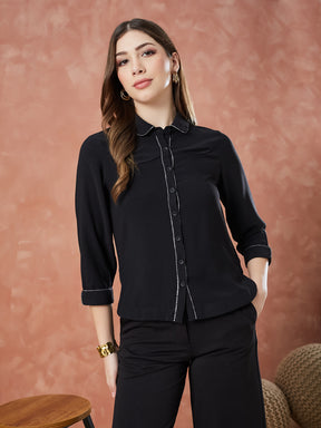 Latin Quarters Women's Black 3/4Th Sleeves Solid Collar Neck Formal Shirt