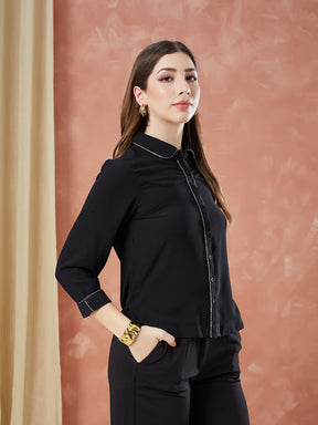 Latin Quarters Women's Black 3/4Th Sleeves Solid Collar Neck Formal Shirt