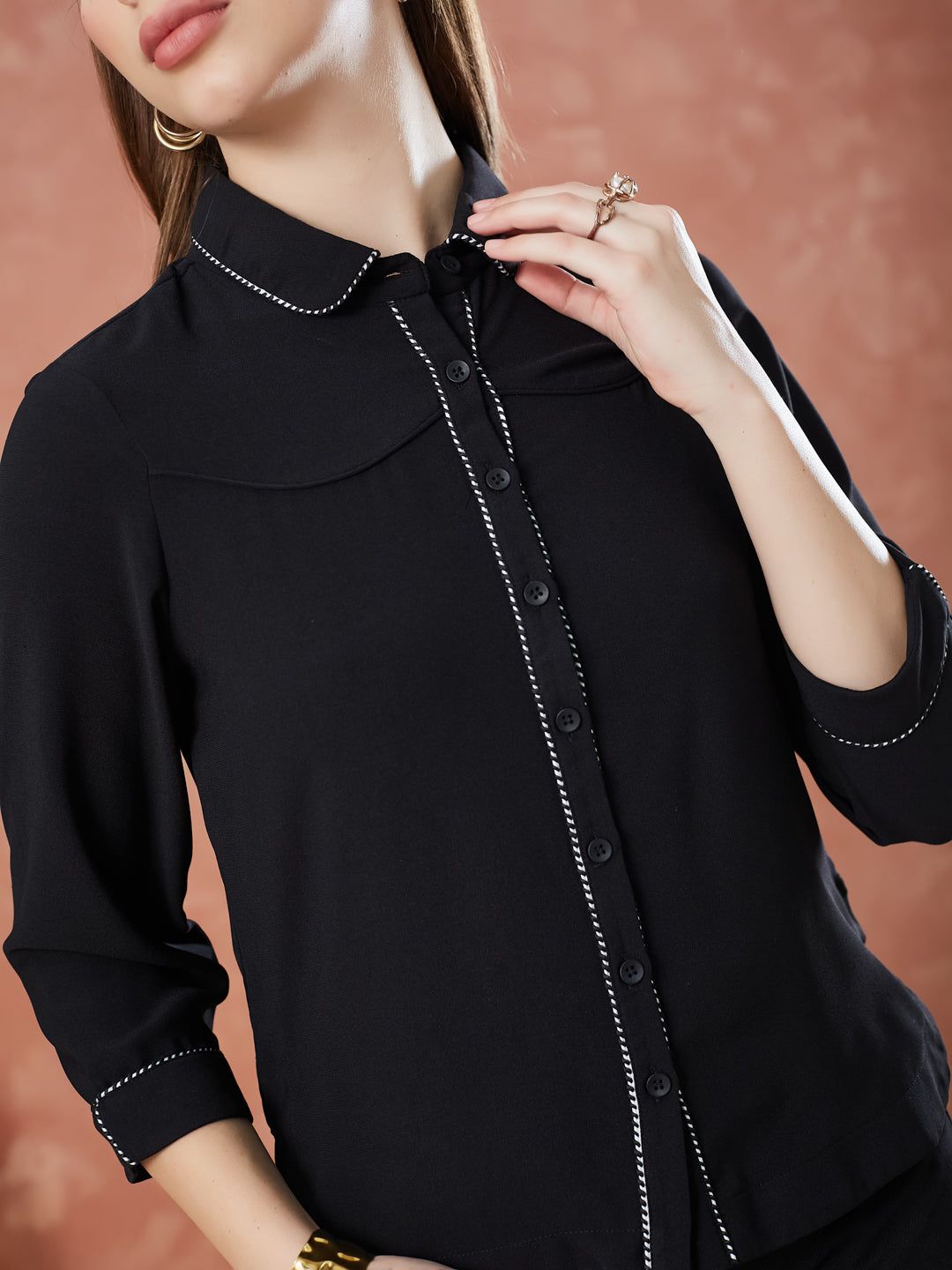 Latin Quarters Women's Black 3/4Th Sleeves Solid Collar Neck Formal Shirt
