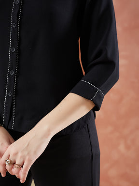Latin Quarters Women's Black 3/4Th Sleeves Solid Collar Neck Formal Shirt