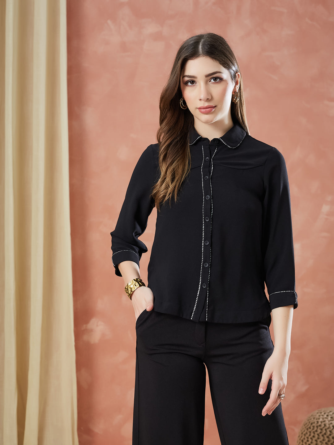 Latin Quarters Women's Black 3/4Th Sleeves Solid Collar Neck Formal Shirt