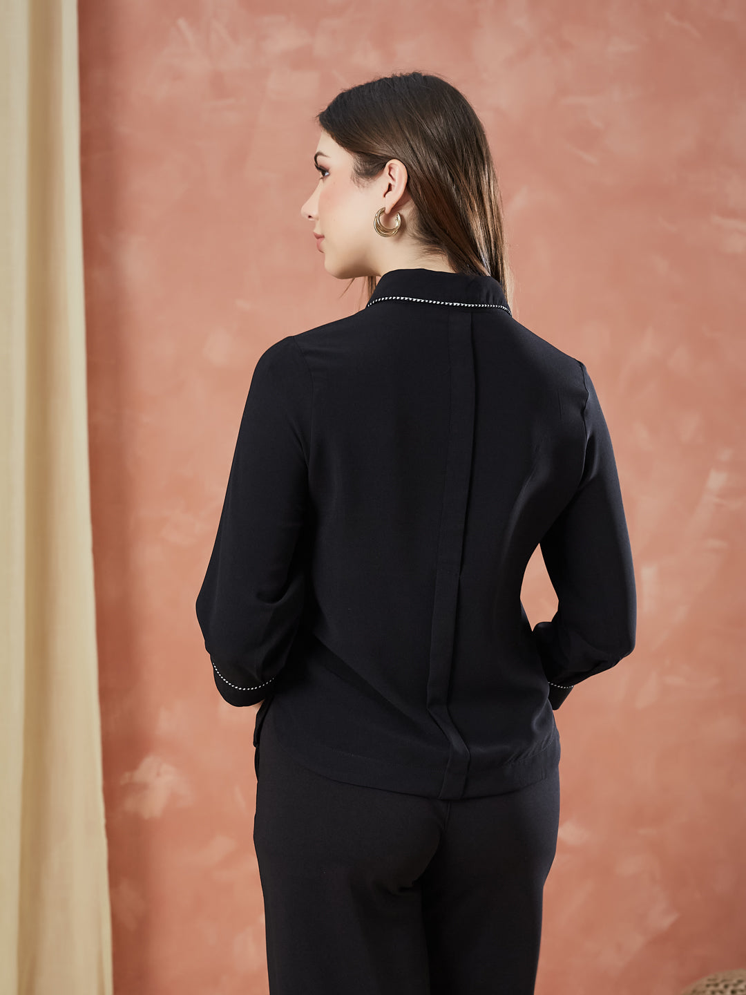 Latin Quarters Women's Black 3/4Th Sleeves Solid Collar Neck Formal Shirt