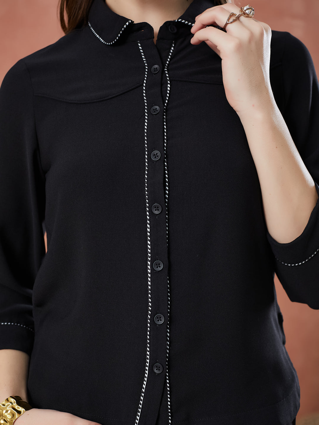 Latin Quarters Women's Black 3/4Th Sleeves Solid Collar Neck Formal Shirt