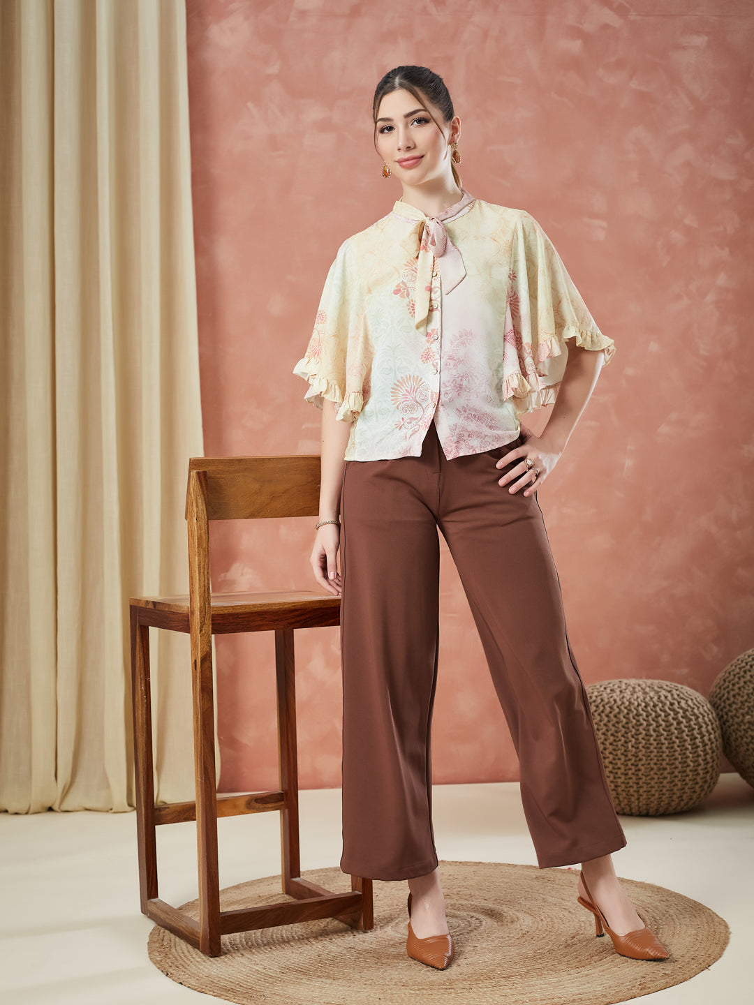 Latin Quarters Women's Yellow Half Sleeves Printed Tie-Up Neck Casual Top