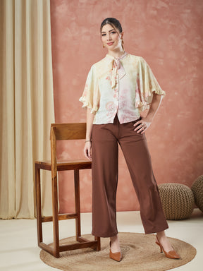 Latin Quarters Women's Yellow Half Sleeves Printed Tie-Up Neck Casual Top