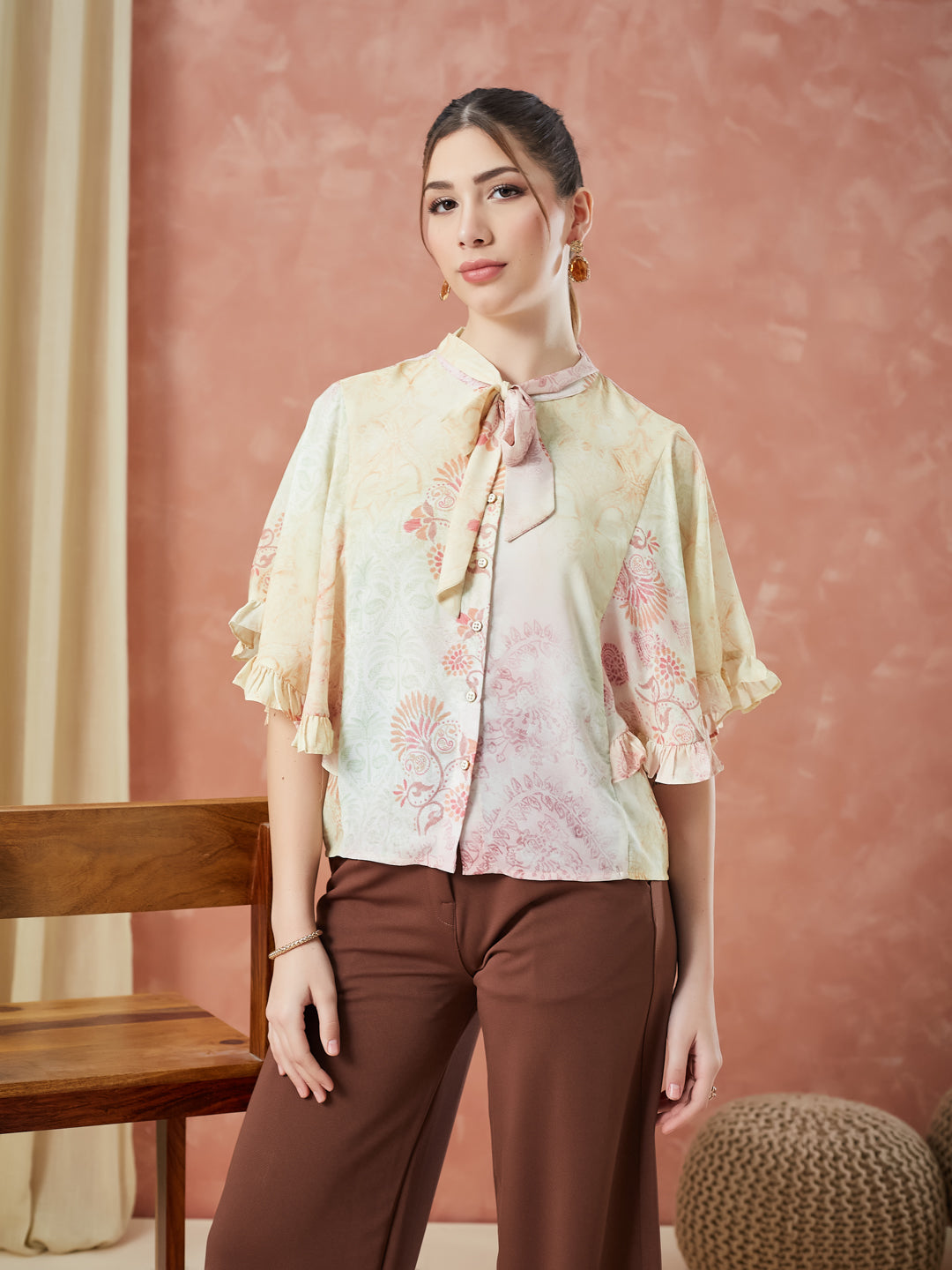 Latin Quarters Women's Yellow Half Sleeves Printed Tie-Up Neck Casual Top