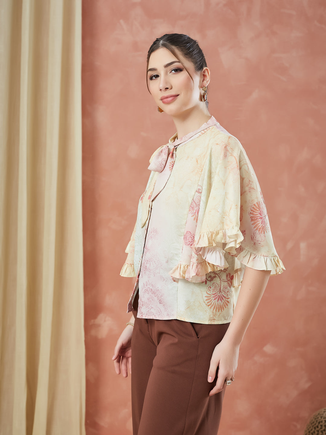 Latin Quarters Women's Yellow Half Sleeves Printed Tie-Up Neck Casual Top