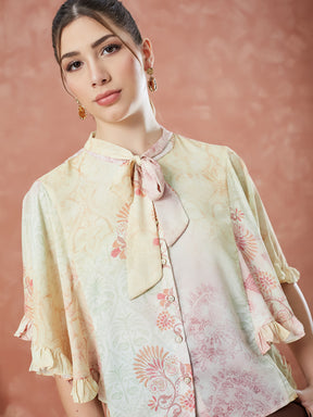 Latin Quarters Women's Yellow Half Sleeves Printed Tie-Up Neck Casual Top