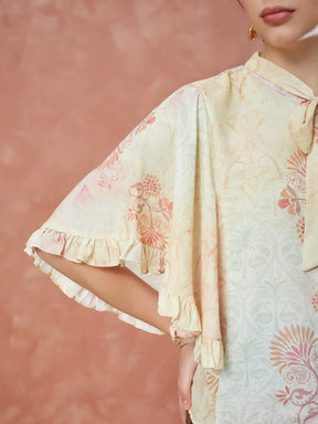 Latin Quarters Women's Yellow Half Sleeves Printed Tie-Up Neck Casual Top