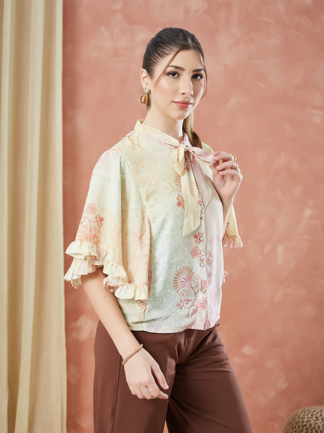 Latin Quarters Women's Yellow Half Sleeves Printed Tie-Up Neck Casual Top