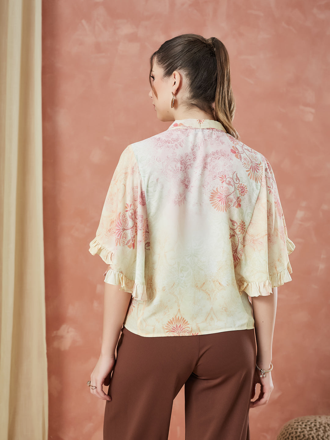 Latin Quarters Women's Yellow Half Sleeves Printed Tie-Up Neck Casual Top