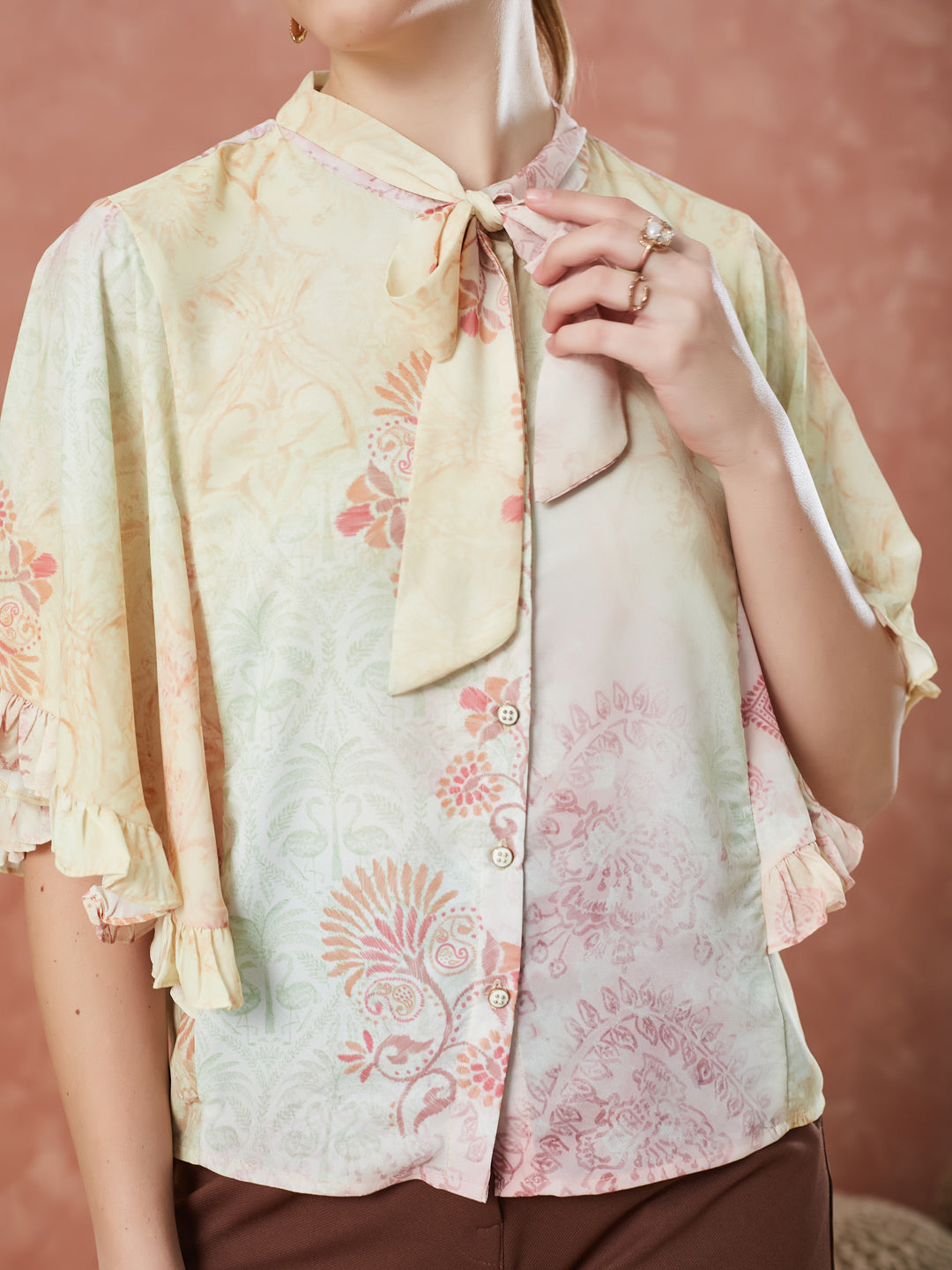 Latin Quarters Women's Yellow Half Sleeves Printed Tie-Up Neck Casual Top