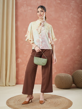 Latin Quarters Women's Yellow Half Sleeves Printed Tie-Up Neck Casual Top