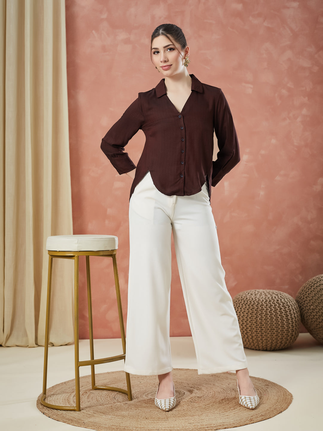 Latin Quarters Women's Maroon 3/4Th Sleeves Solid Collar Neck Formal Shirt