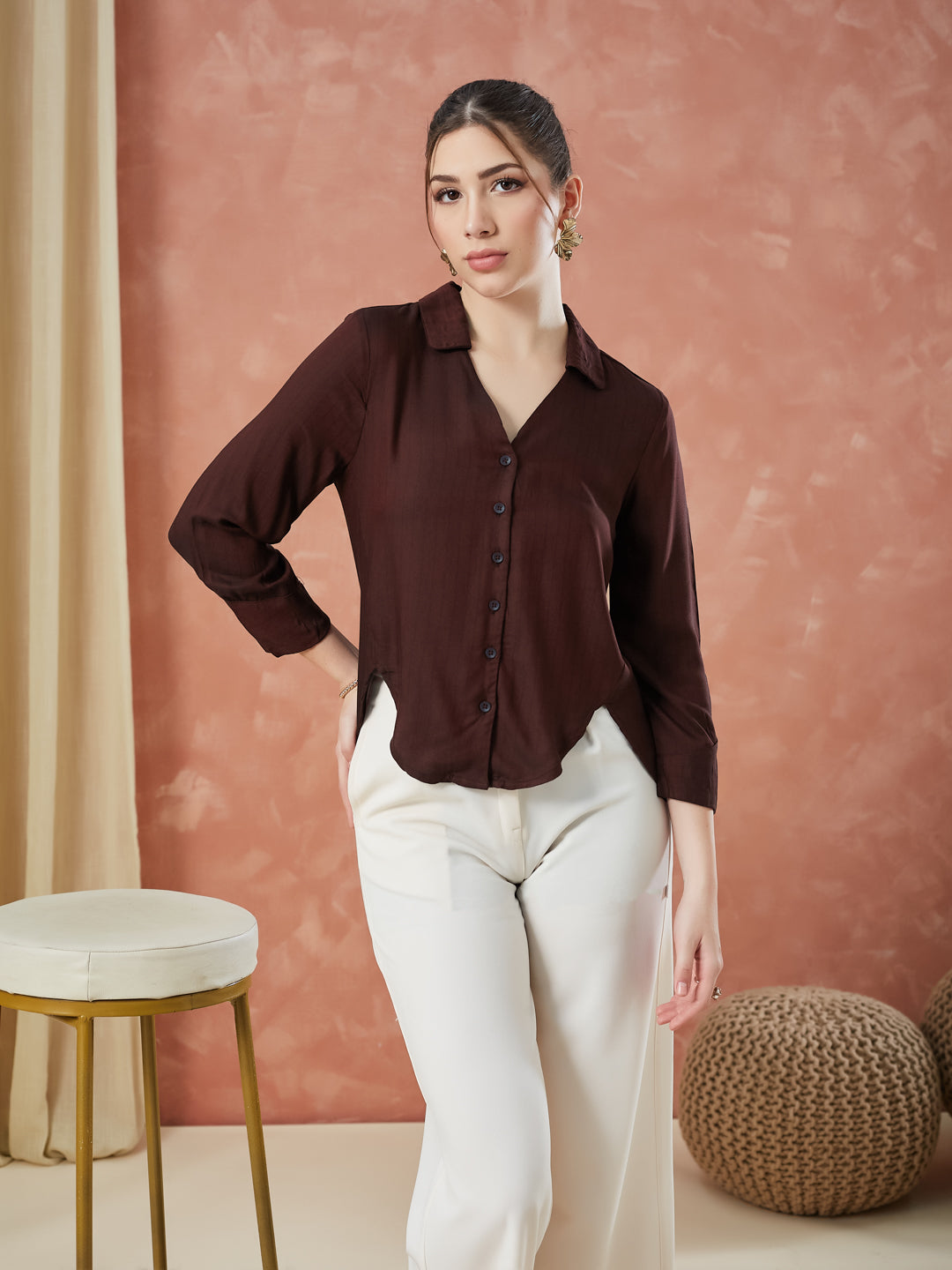 Latin Quarters Women's Maroon 3/4Th Sleeves Solid Collar Neck Formal Shirt