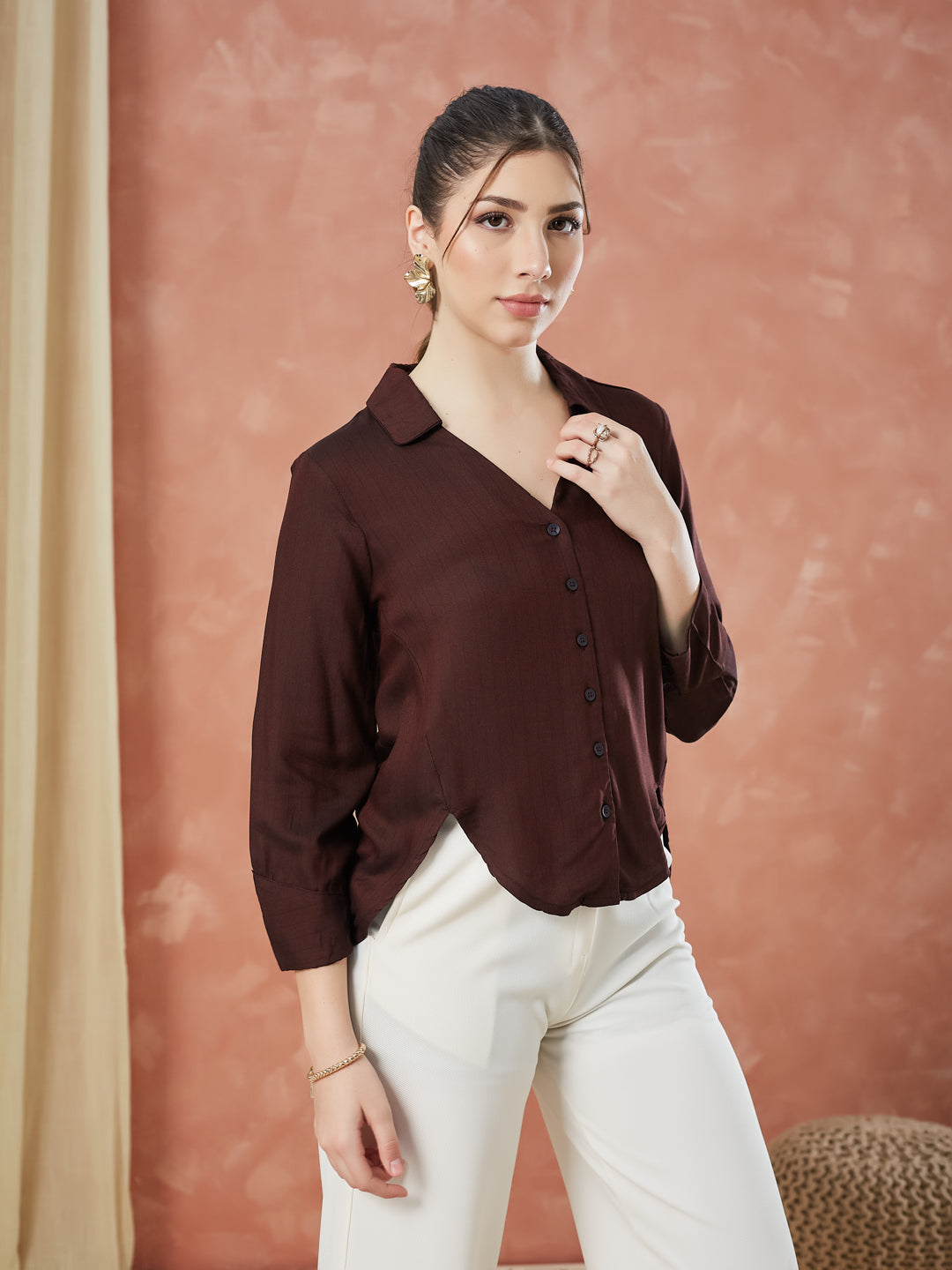 Latin Quarters Women's Maroon 3/4Th Sleeves Solid Collar Neck Formal Shirt