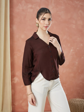 Latin Quarters Women's Maroon 3/4Th Sleeves Solid Collar Neck Formal Shirt