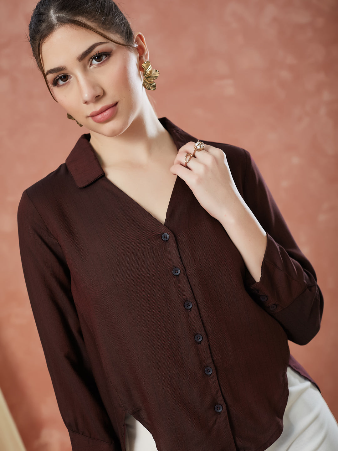 Latin Quarters Women's Maroon 3/4Th Sleeves Solid Collar Neck Formal Shirt